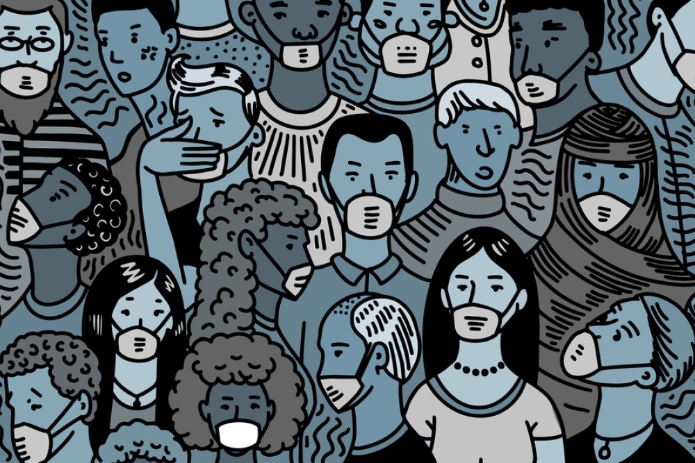 illustration of cartoon crowd with most wearing masks