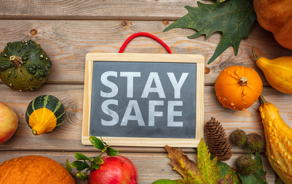 photograph of "Stay Safe" message among pumpkins and thanksgiving background