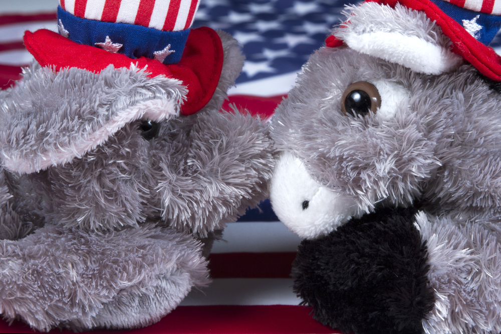 photograph of stuffed Republican elephant and Democrat Donkey face-to-face atop American flag
