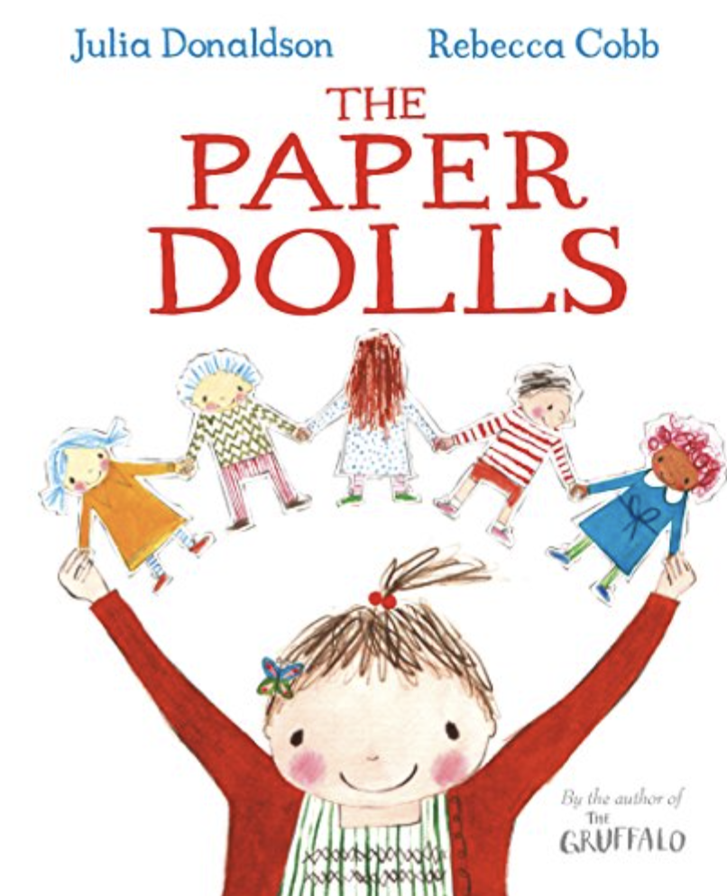 Illustrated book cover for The Paper Dolls featuring a colored-pencil drawing of a white girl with brown hair in a ponytail and a red shirt holding 5 paper dolls in an arc above her head.