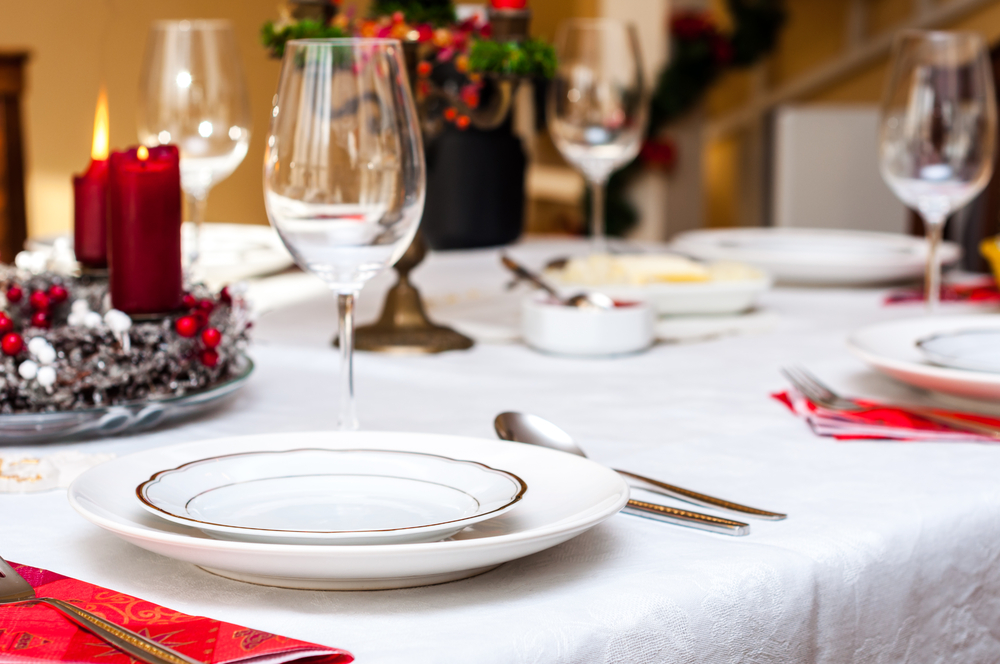 photograph of place settings at table for Christmas dinner