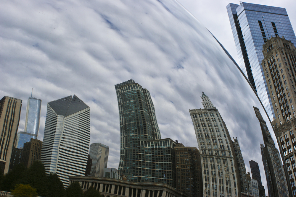 photograph of relection on Chicago Bean of skyline