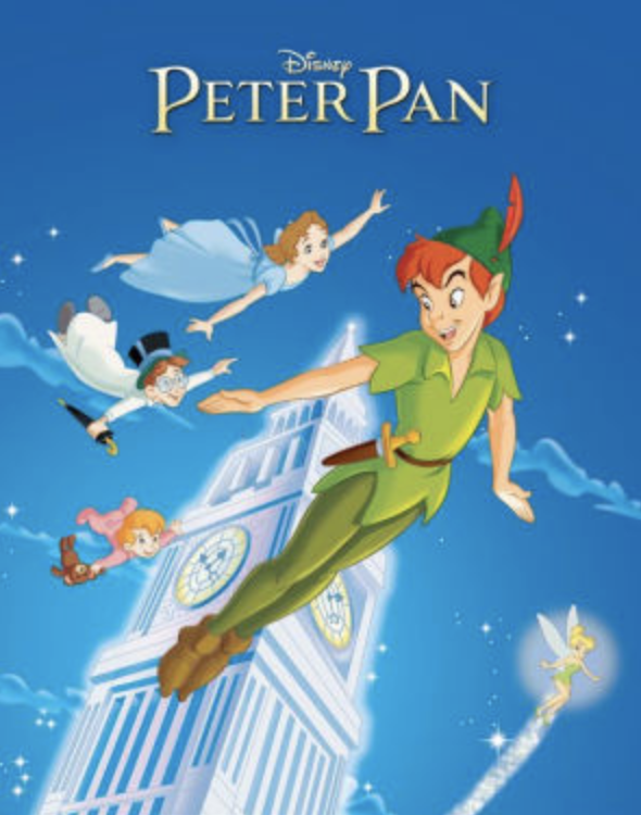 Illustrated book cover for Peter Pan featuring a cartoon illustration of a young boy with a green shirt and tights flying in front of a group of young children dressed in Edwardian clothes. They are flying in front of Big Ben in London.