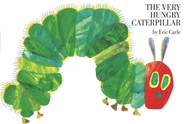A book cover for The Very Hungry Caterpillar by Eric Carle with a painted-paper cut-out illustration of a green caterpillar with a red head.