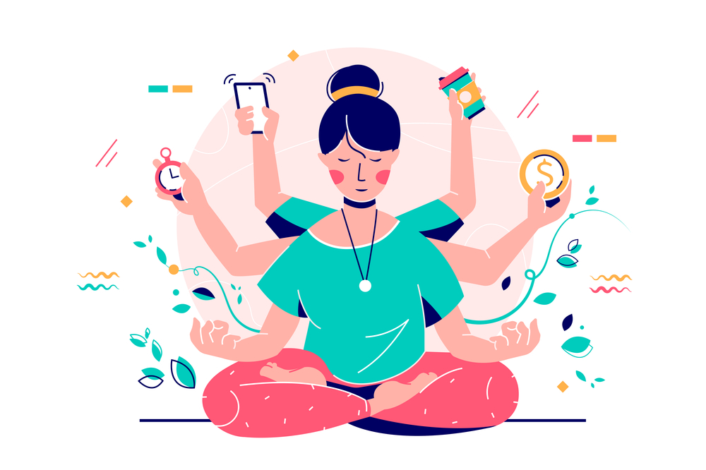 image of woman meditating surrounded by distractions