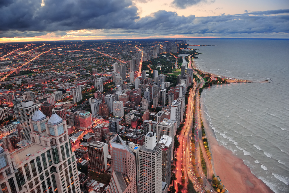 aerial photograph of Chicago lakefront skyline