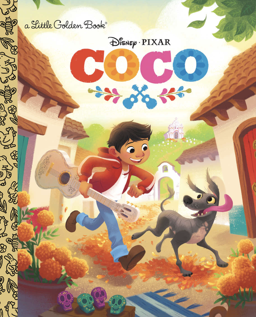Cover image of a book called Coco featuring an illustration of a young boy with brown hair and brown eyes holding a guitar in one hand. He runs with a gray dog alongside him.