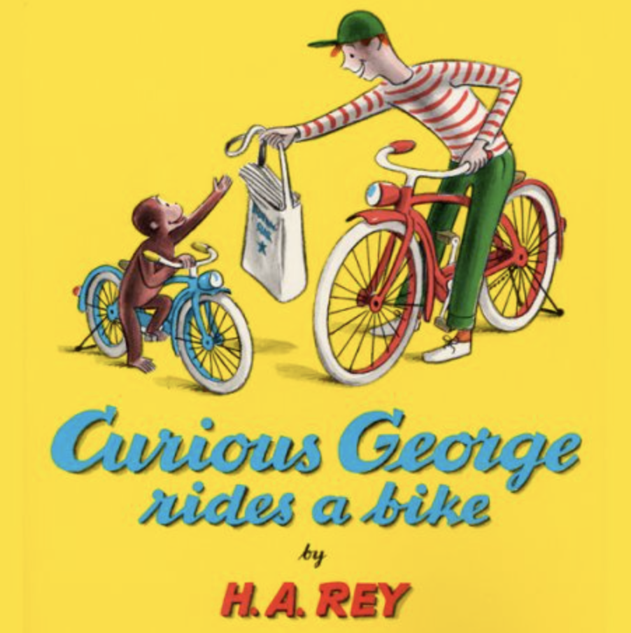 Cover image for Curious George Rides a Bike featuring an illustration of a young man on a red bike handing a bag of newspapers to a monkey on a blue bike.