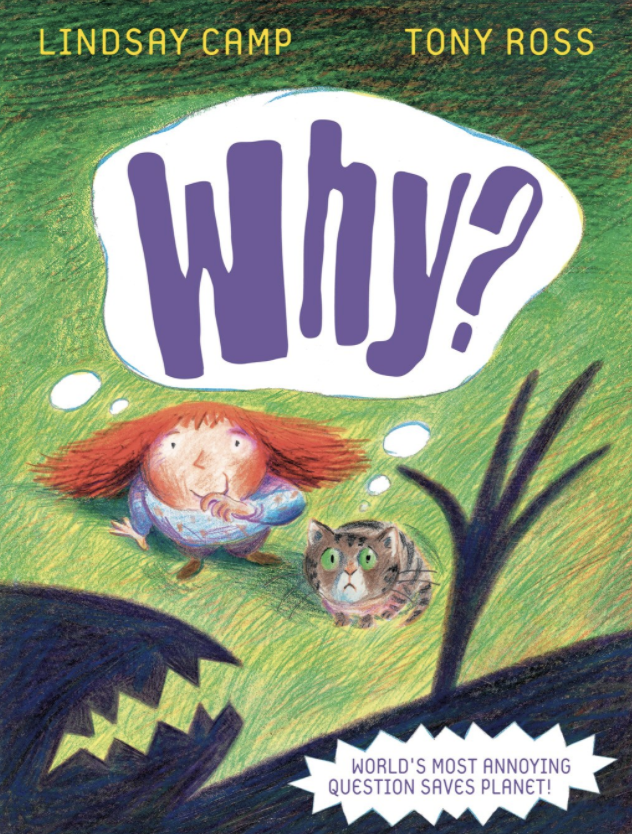 Cover image of Lindsay Camp and Tony Ross's picture book Why featuring a colored-pencil illustration of a small red-headed child and a tabby cat looking up at some threatening shadows.