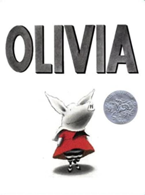 Cover image for Ian Falconer's picture book Olivia that features an all-white background with an illustration of a small pig wearing a red dress and striped tights.
