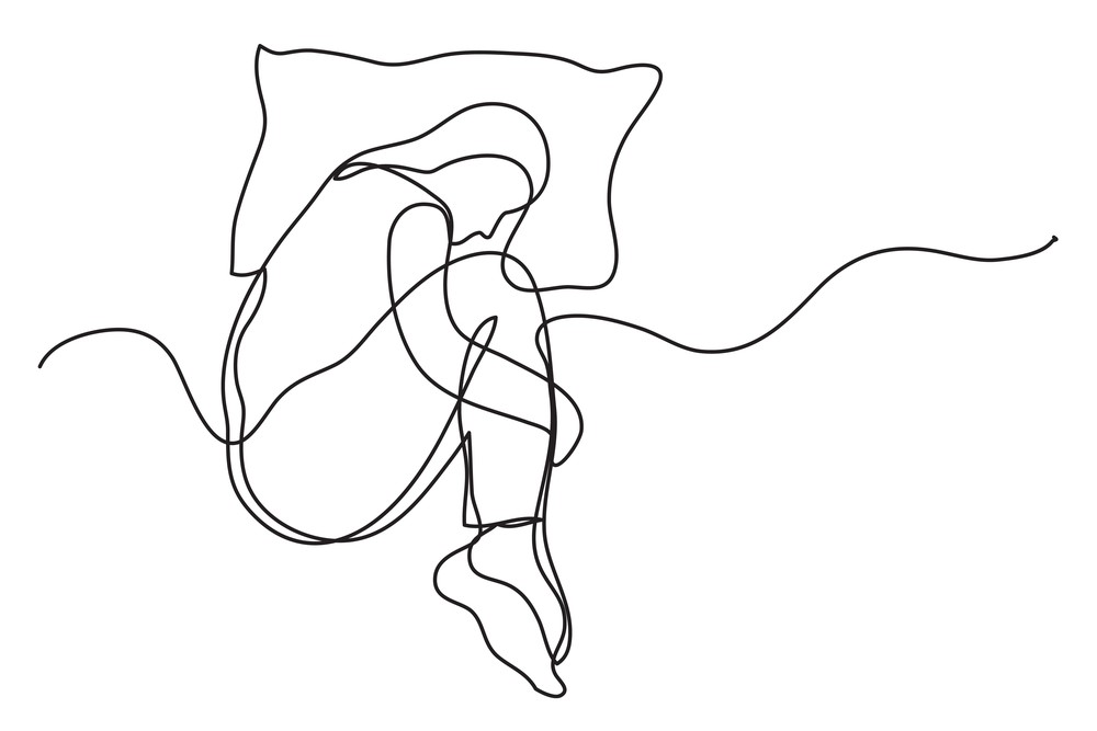simple single-line drawing of person curled up in bed