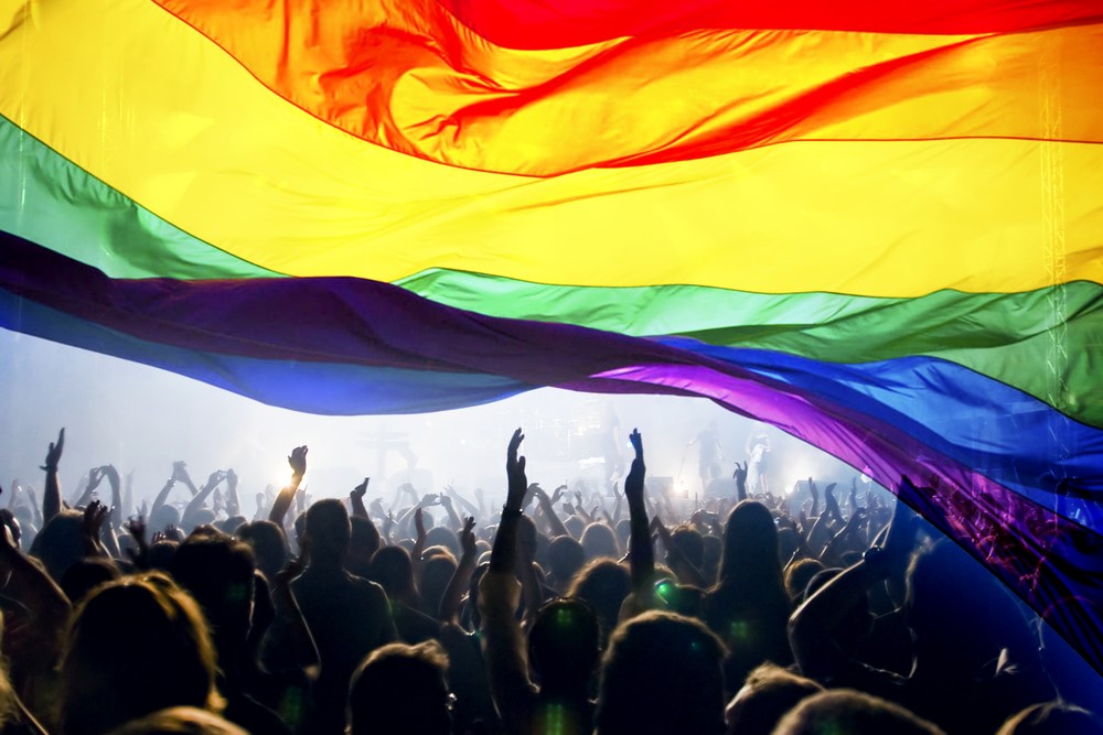 photograph of rainbow flag with silhouette figures crowded beneath it