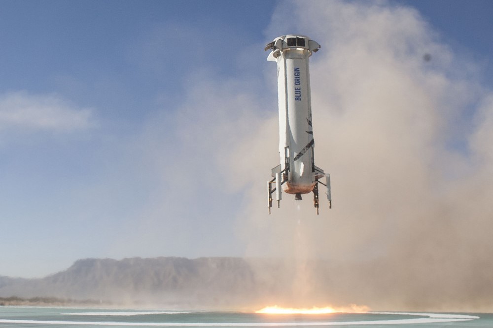 photograph of Blue Origin shuttle takeoff