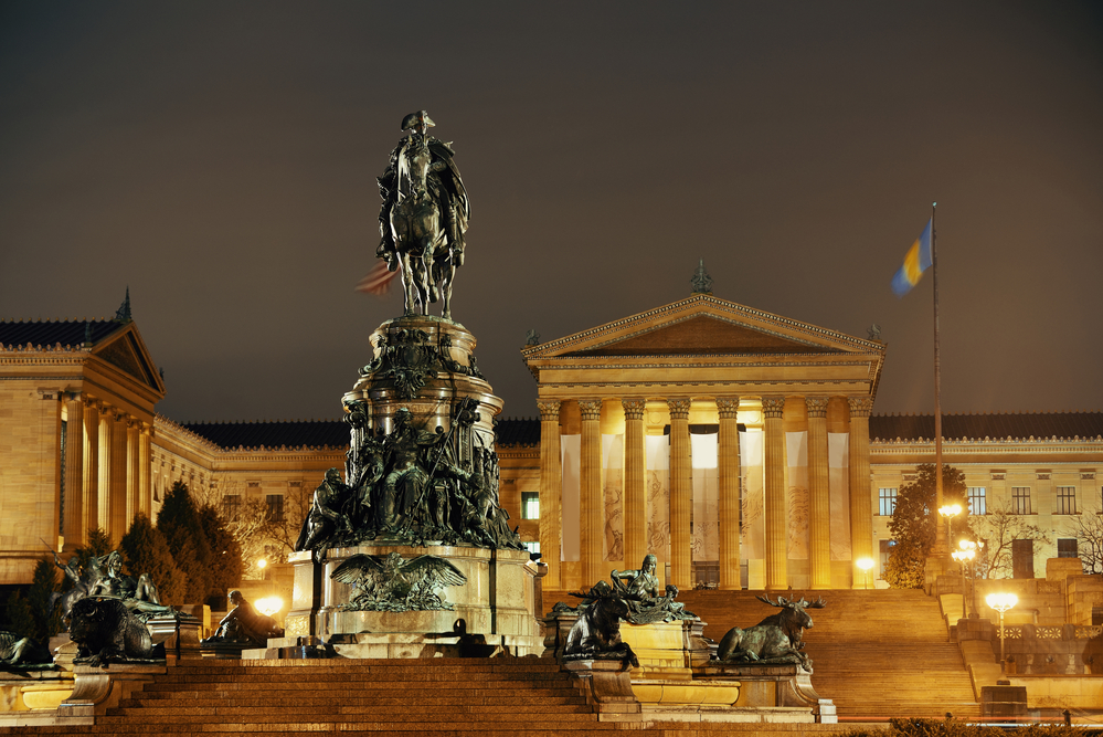 photograph of statues in front of Philadelphia Art Museum