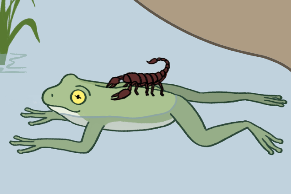 cartoon image of scorpion on frogs back