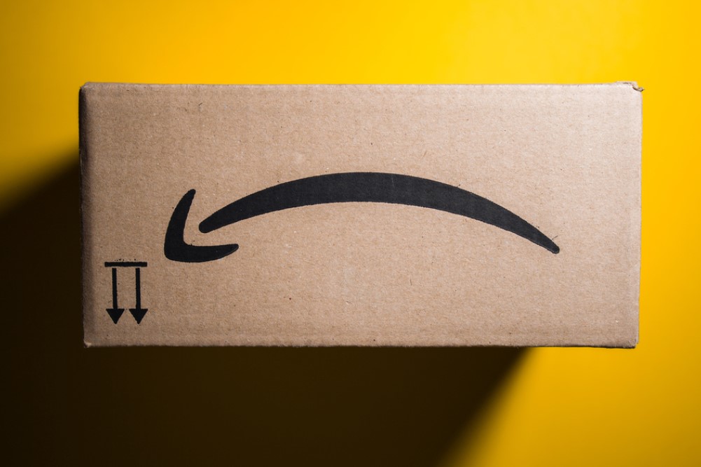 photograph of Amazon package with Smile logo upside down