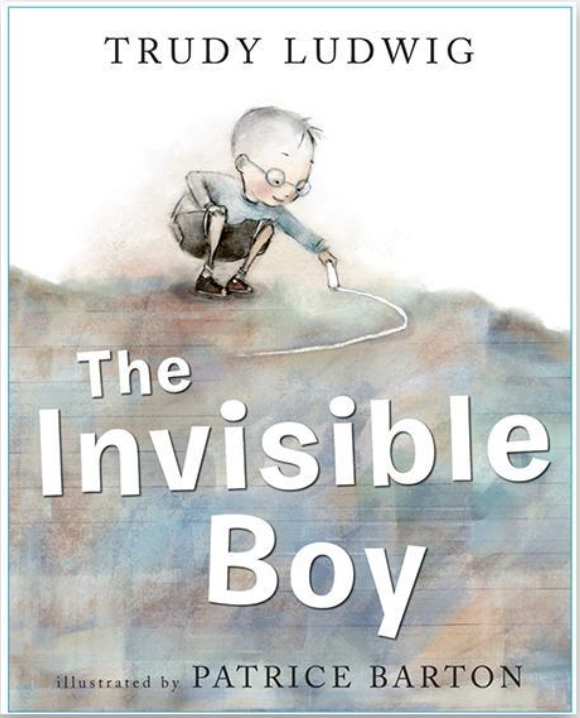 Cover illustration for Trudy Ludwig's The Invisible Boy of a small white boy with glasses squatting down to drawn on a colorful foreground