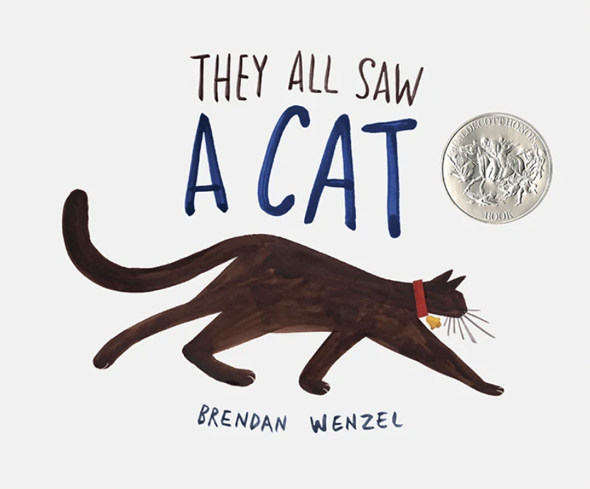 Cover illustration for Brendan Wenzel's They All Saw a Cat featuring a brown cat with a red collar walking in profile in front of a white background.
