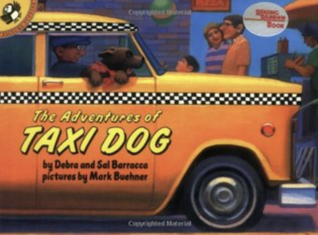 Cover illustration for The Adventures of Taxi Dog by Debra and Sal Barracca featuring a brown dog with its head sticking out the window of a taxi cab. The wind blows the dogs ears back.