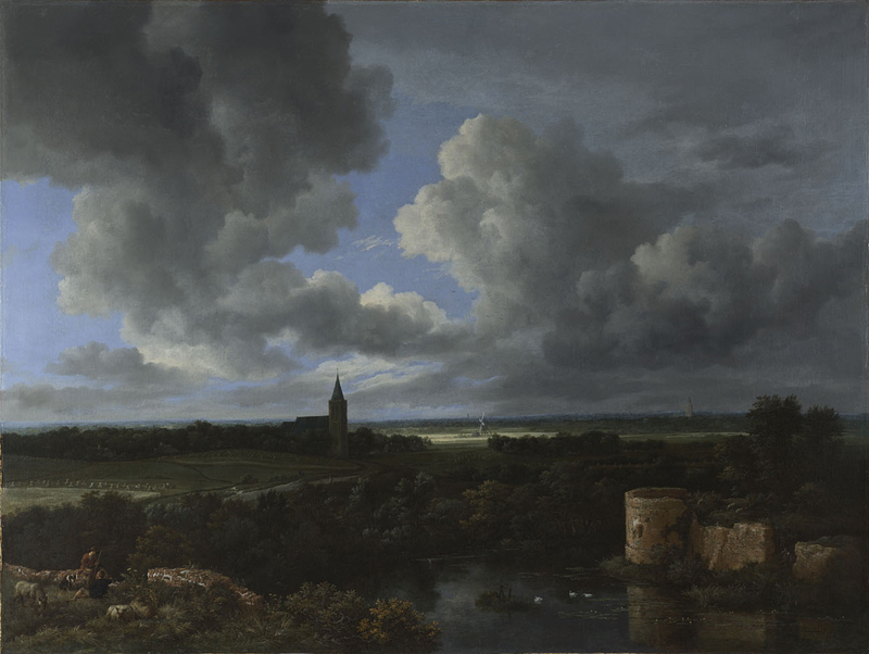 Landscape painting featuring a dark foreground with trees, bushes, a castle in ruins and a church steeple. The sky is blue with clouds. The whole image is dark.