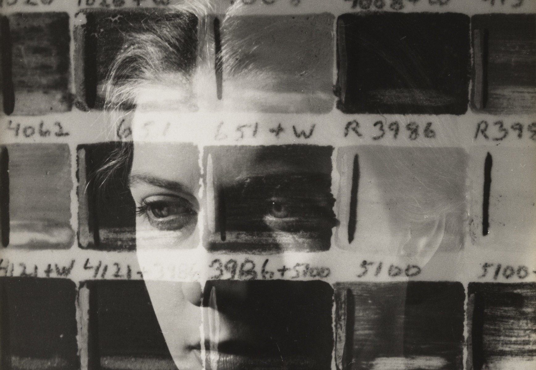Photographic portrait of Carol Janeway by Maya Daren is a black-and-white photograph of a young white woman's face. The portrait is overlaid with a grid of smaller rectangles, making it look like a contact sheet. The is unsmiling and stares off into the distance.