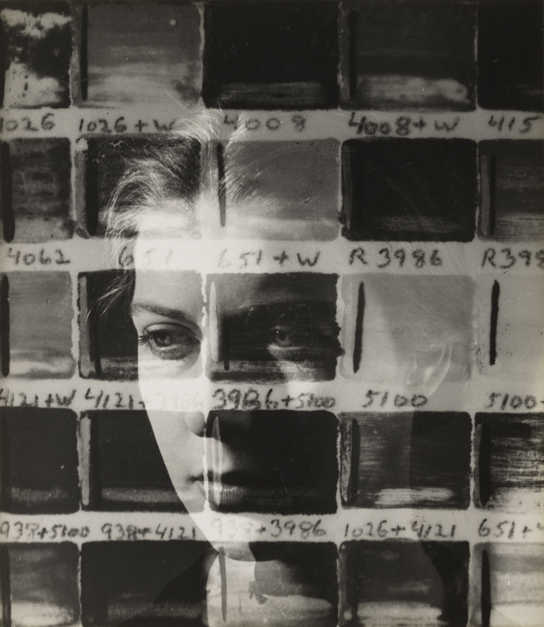 Photographic portrait of Carol Janeway by Maya Daren is a black-and-white photograph of a young white woman's face. The portrait is overlaid with a grid of smaller rectangles, making it look like a contact sheet. The is unsmiling and stares off into the distance.