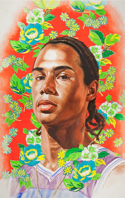 Oil portrait of a black man looking at the viewer. The background is composed of an all-over pattern of flowers and leaves on a bright orange-red ground. Some of the flowers and leaves come out of the background and spill over the man's jersey.