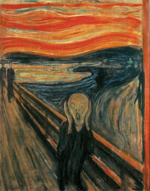 "The Scream" by Edvard Munch. A walkway with a fence cuts diagonally from the bottom right to the middle left edge of the canvas. On the walkway, a figure dressed in black holds its head in its hands and makes a screaming expression. The sky above the figure is painted with lurid red, orange and yellow brushstrokes.