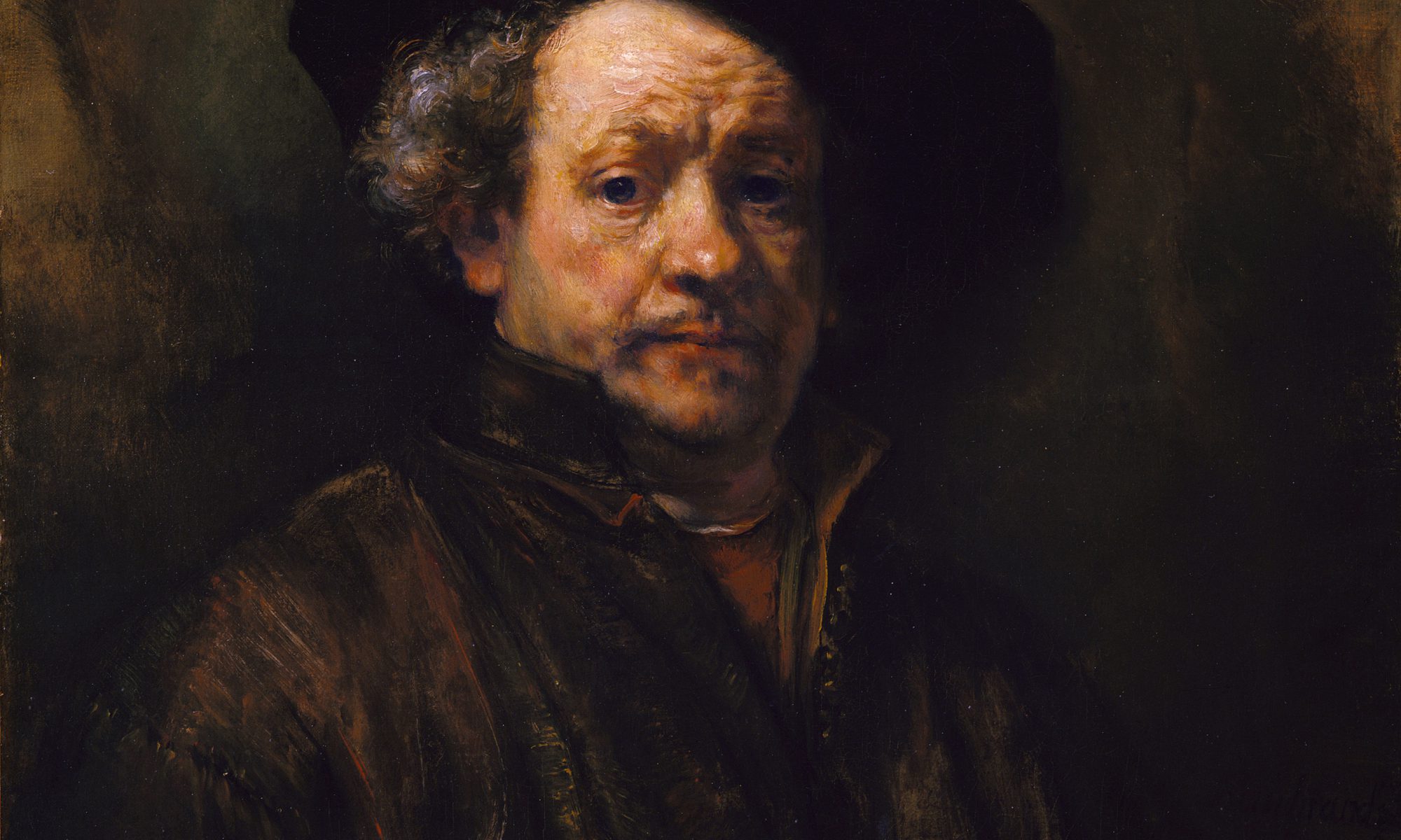 Painted portrait of a white man with curly gray hair wearing a large black beret and a dark brown cloak. The man's forehead and the left side of his face are highlighted by a light coming from above. He stares directly at the viewer with pursed lips and a wrinkled brow.