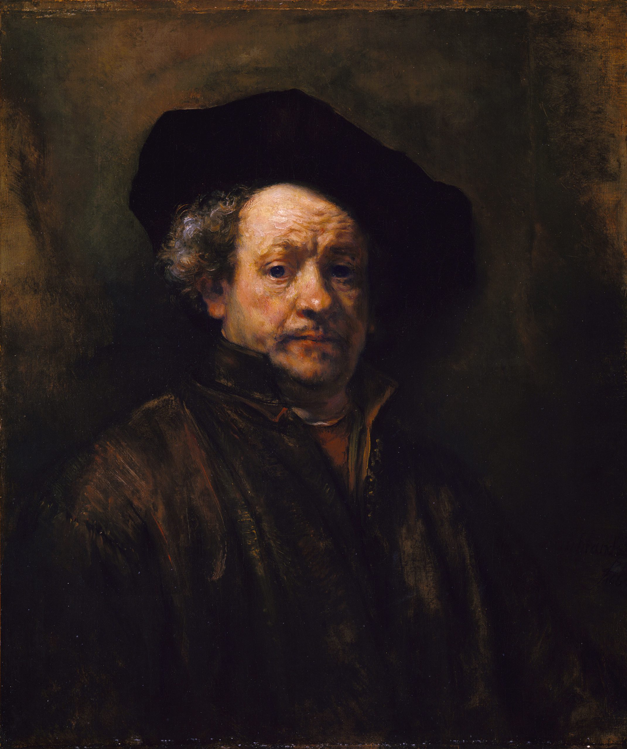 Painted portrait of a white man with curly gray hair wearing a large black beret and a dark brown cloak. The man's forehead and the left side of his face are highlighted by a light coming from above. He stares directly at the viewer with pursed lips and a wrinkled brow.