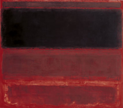 Four horizontal bars, varied in width with soft edges stacked against a soft red background. Three of the bars are brownish red and one is black.