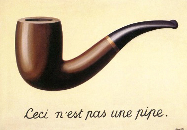 Painting by Rene Magritte called "The Treachery of Images." The background is a flat light yellow-brown color. On this background, a brown pipe is painted in a naturalistic way and takes up about 3/4 of the canvas. Below the pipe, the following phrase is written in neat cursive: "Ceci n'est pas une pipe" which translates to "This is not a pipe."