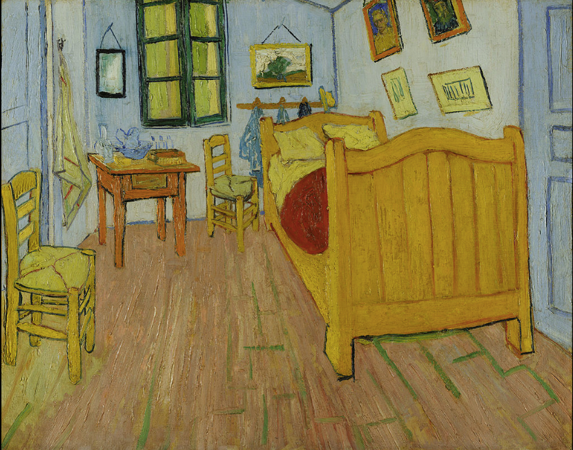 Vincent Van Gogh's painting of a bedroom with wooden floors, blue walls and a bed with red bedding. The perspective is a little skewed so that the walls and the floor and the bed all seem to be tilted in an unnatural way.