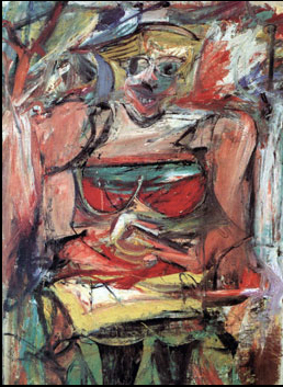 An oil painting of a large smiling woman with big eyes and hands clasped under her chest. The artist has painted the woman with colorful, energetic, and almost messy brushstrokes. The canvas is filled with brushstrokes.