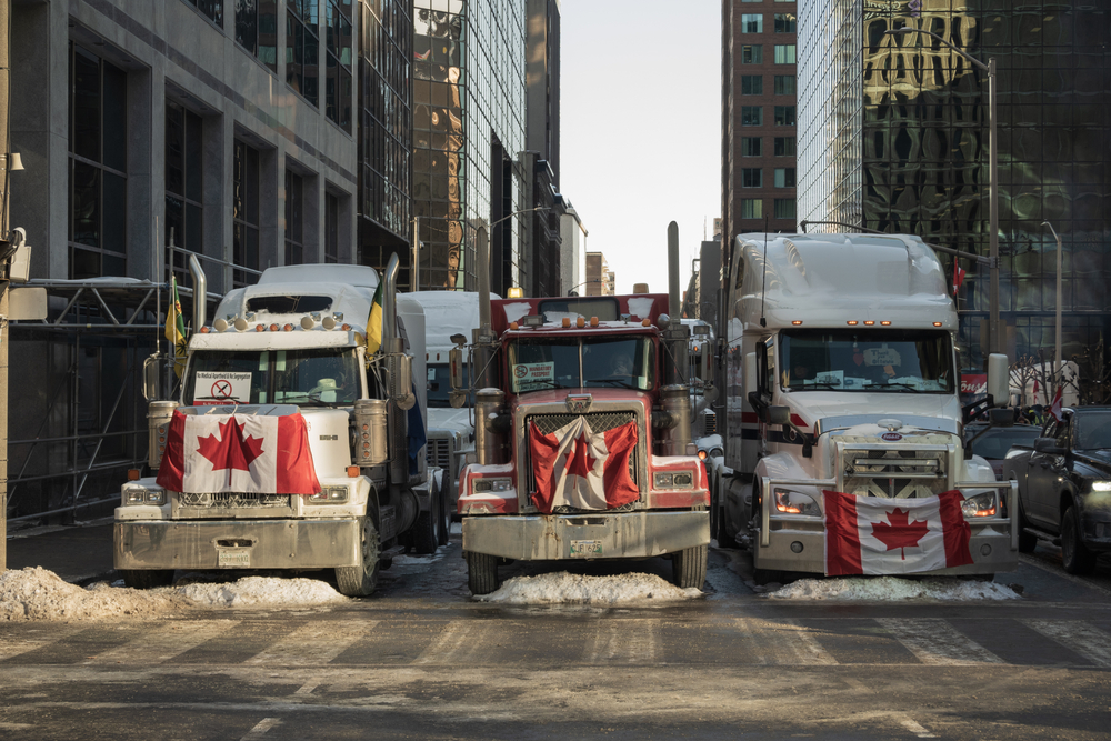 photograph of Freedom Convoy truck blockade