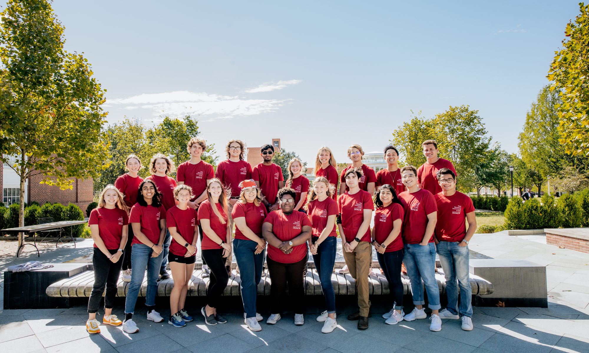 Photograph of a group of diverse DePauw University students who make up the current Hillman intern cohort