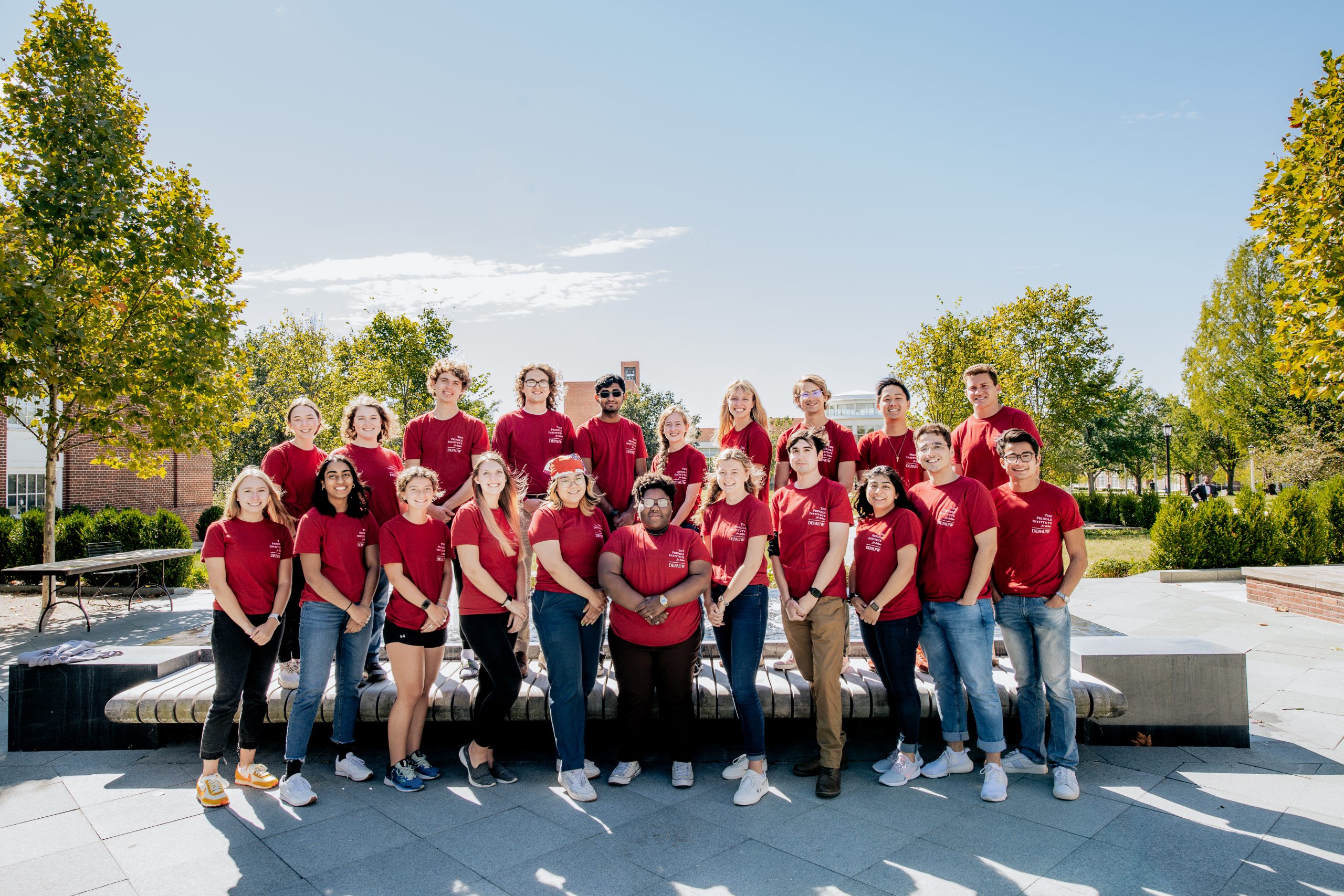 Photograph of a group of diverse DePauw University students who make up the current Hillman intern cohort