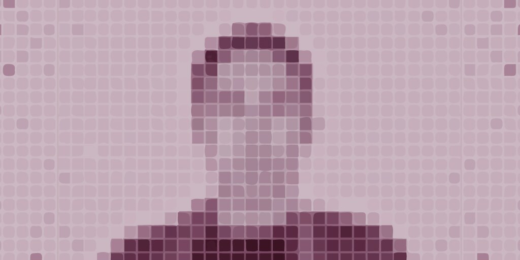 Pixelated image of a man's head and shoulders made up of pink and purple squares