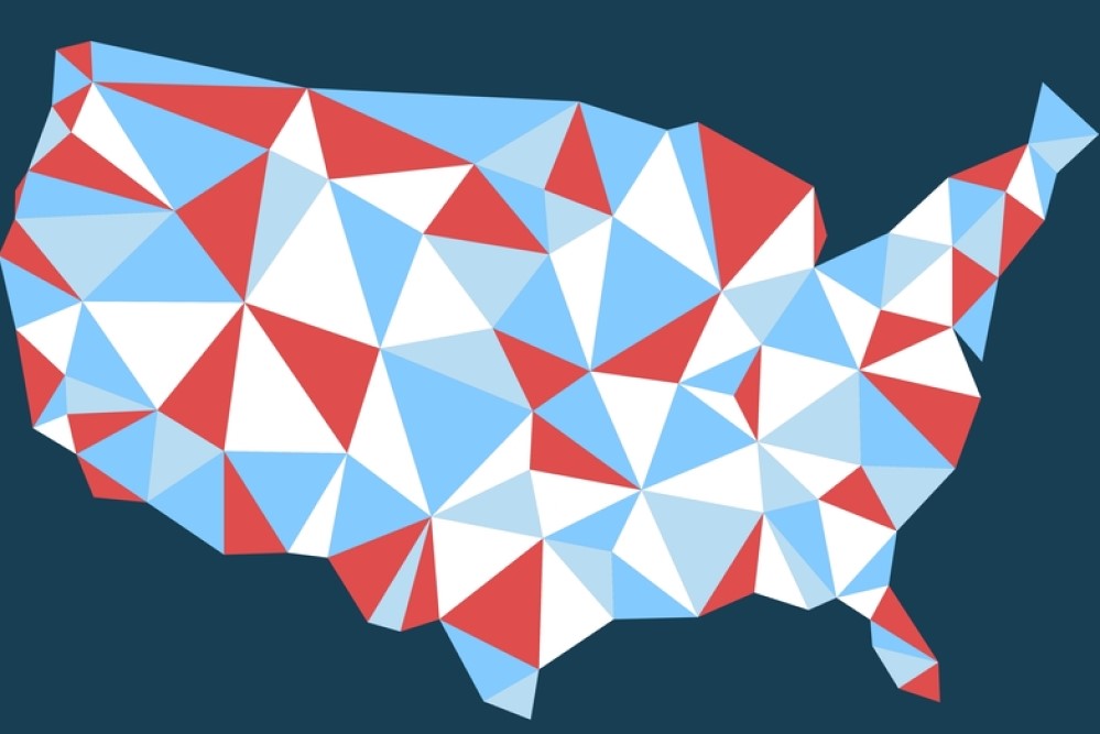 image of United States map divided into blue and red polygonal shapes