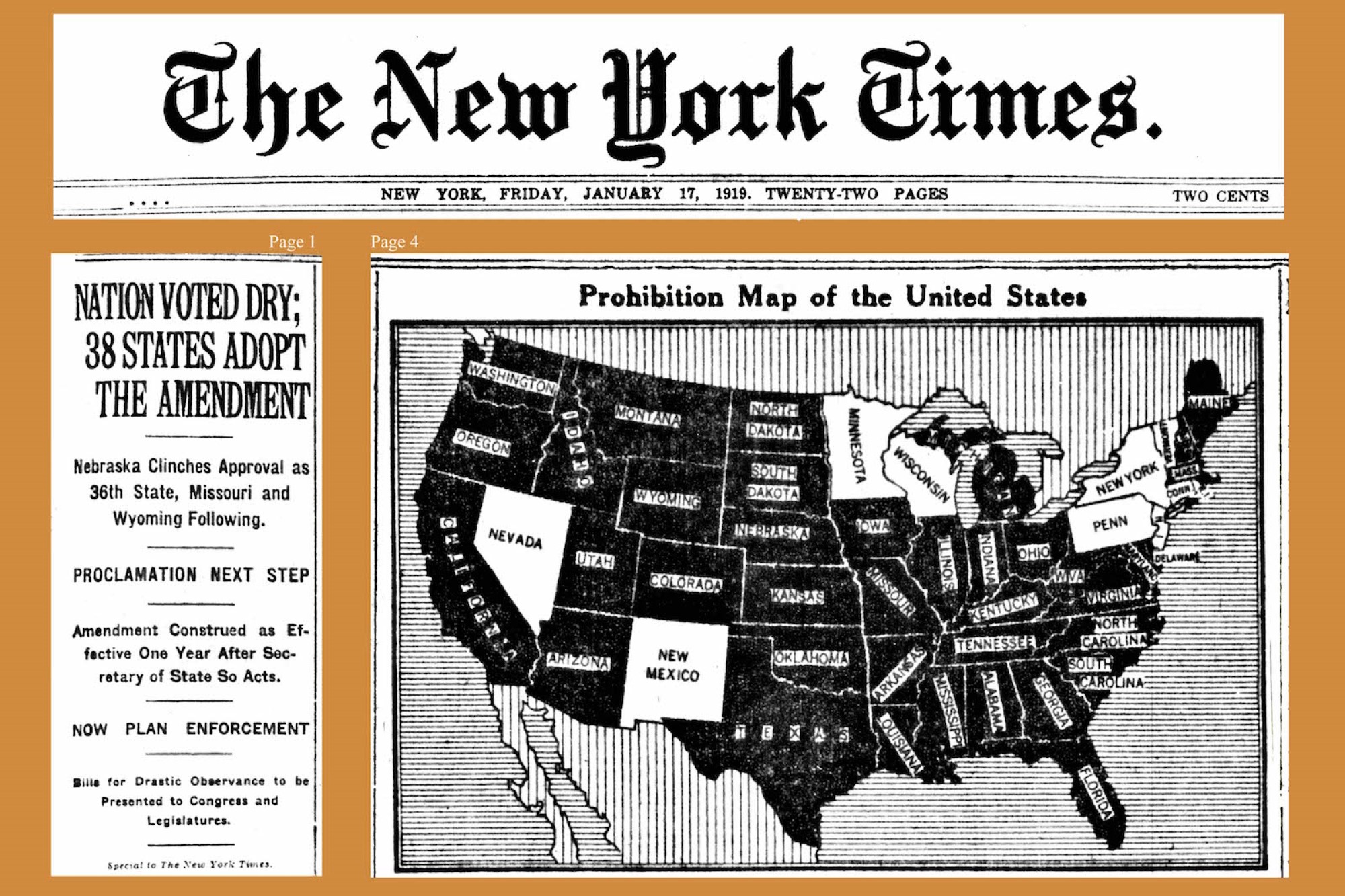 image of 1919 NYT front page with map of prohibition states