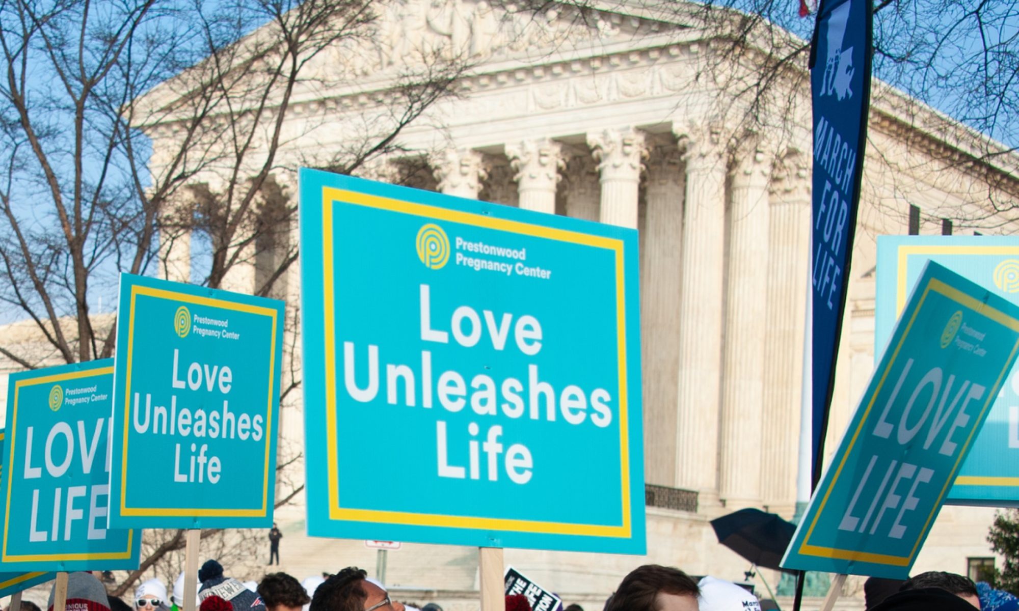 photograph of pro-life protest signs in front of Supreme Court