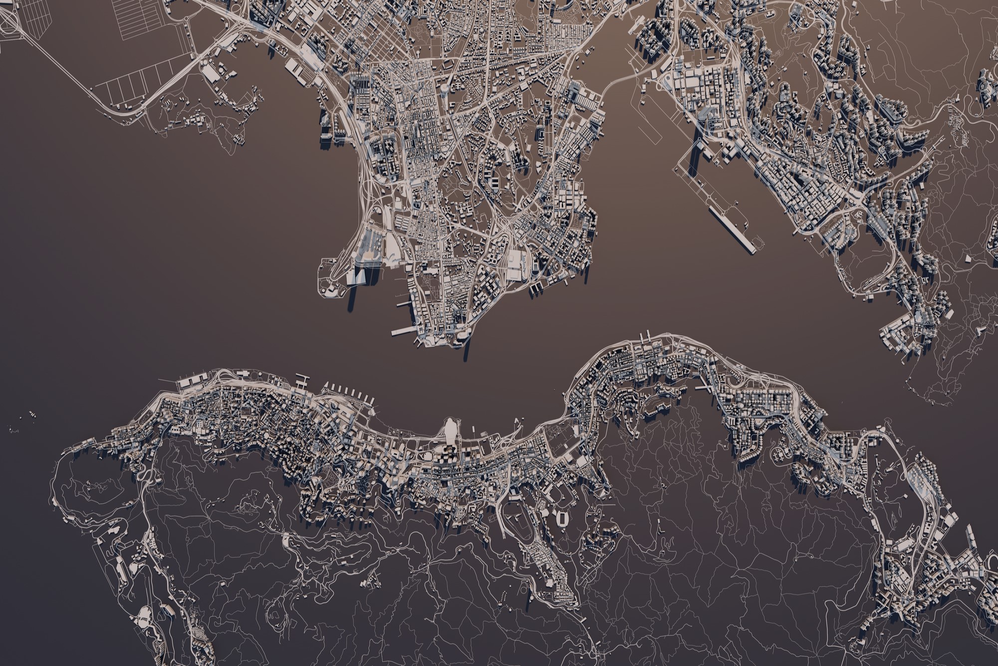 aerial satellite 3d rendering of Hong Kong separated by water