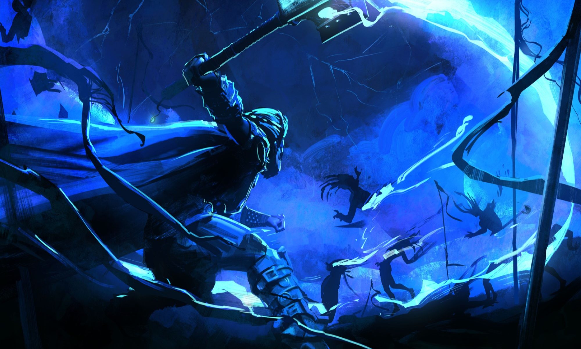 drawing of Thor battling silhouettes in storm