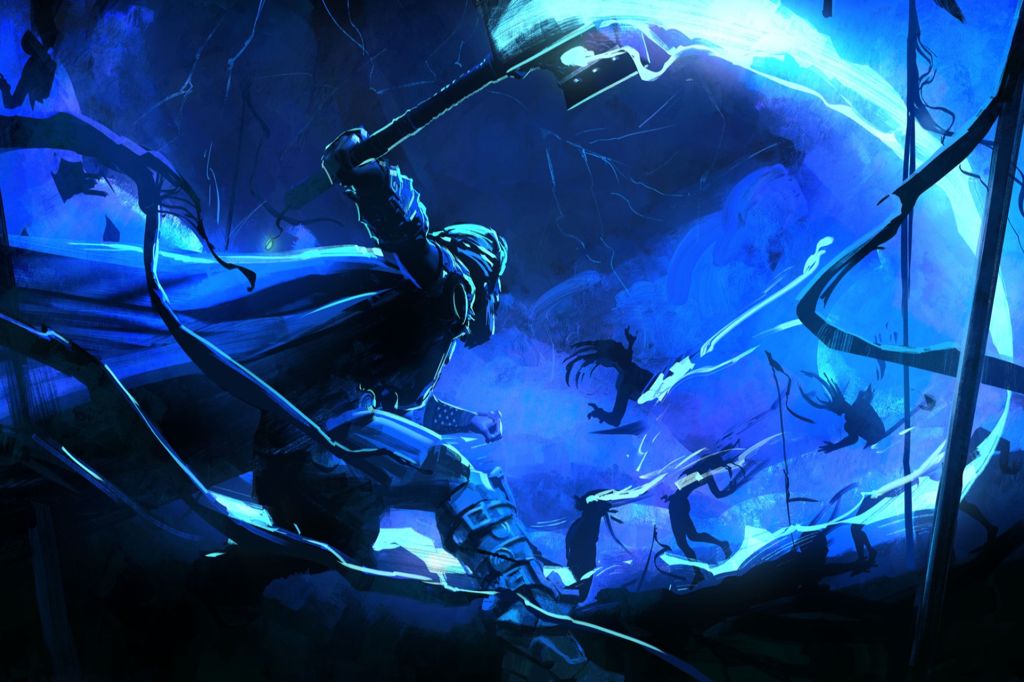 drawing of Thor battling silhouettes in storm