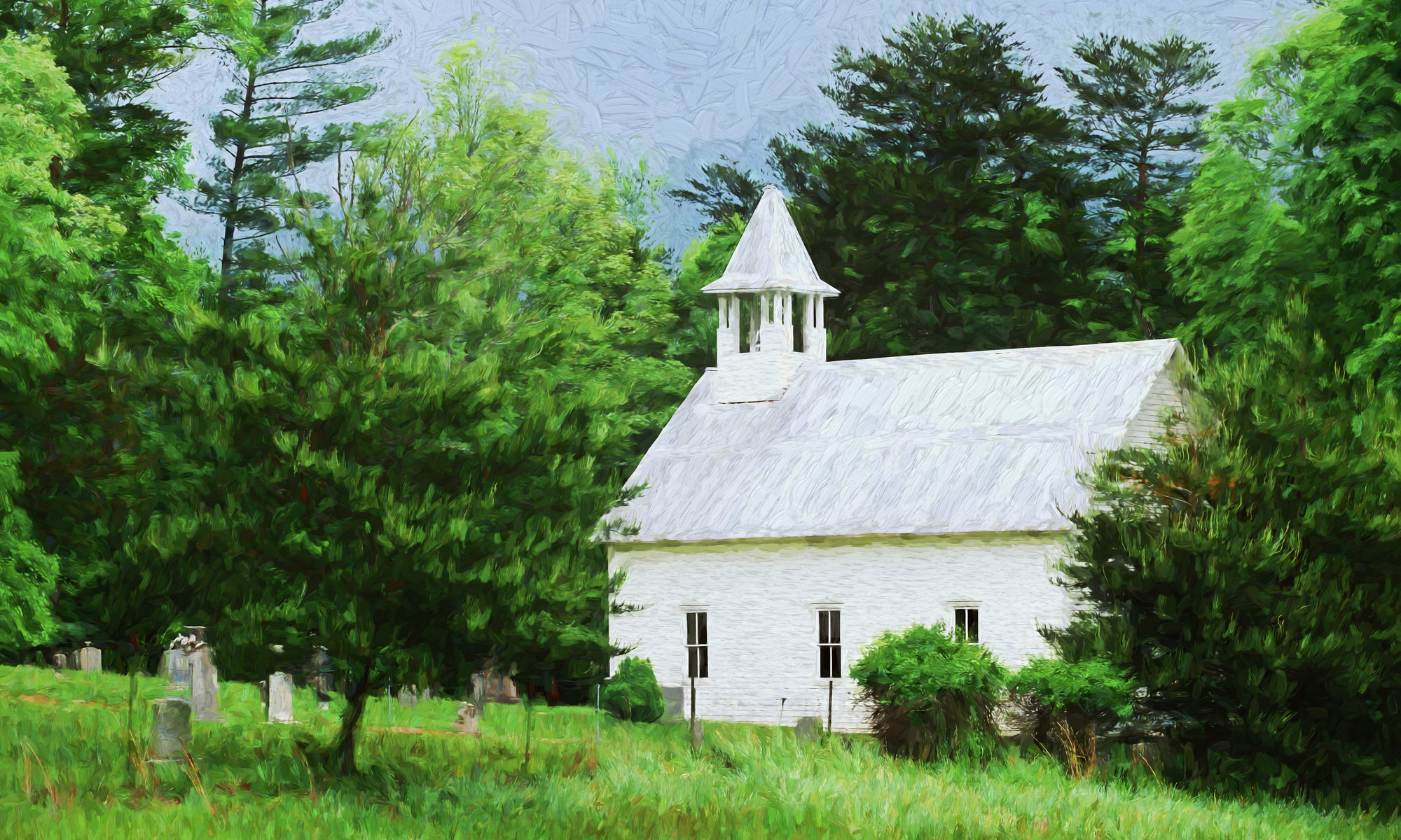 painted photograph of Cades Cove church isolated in Smoky Mountains