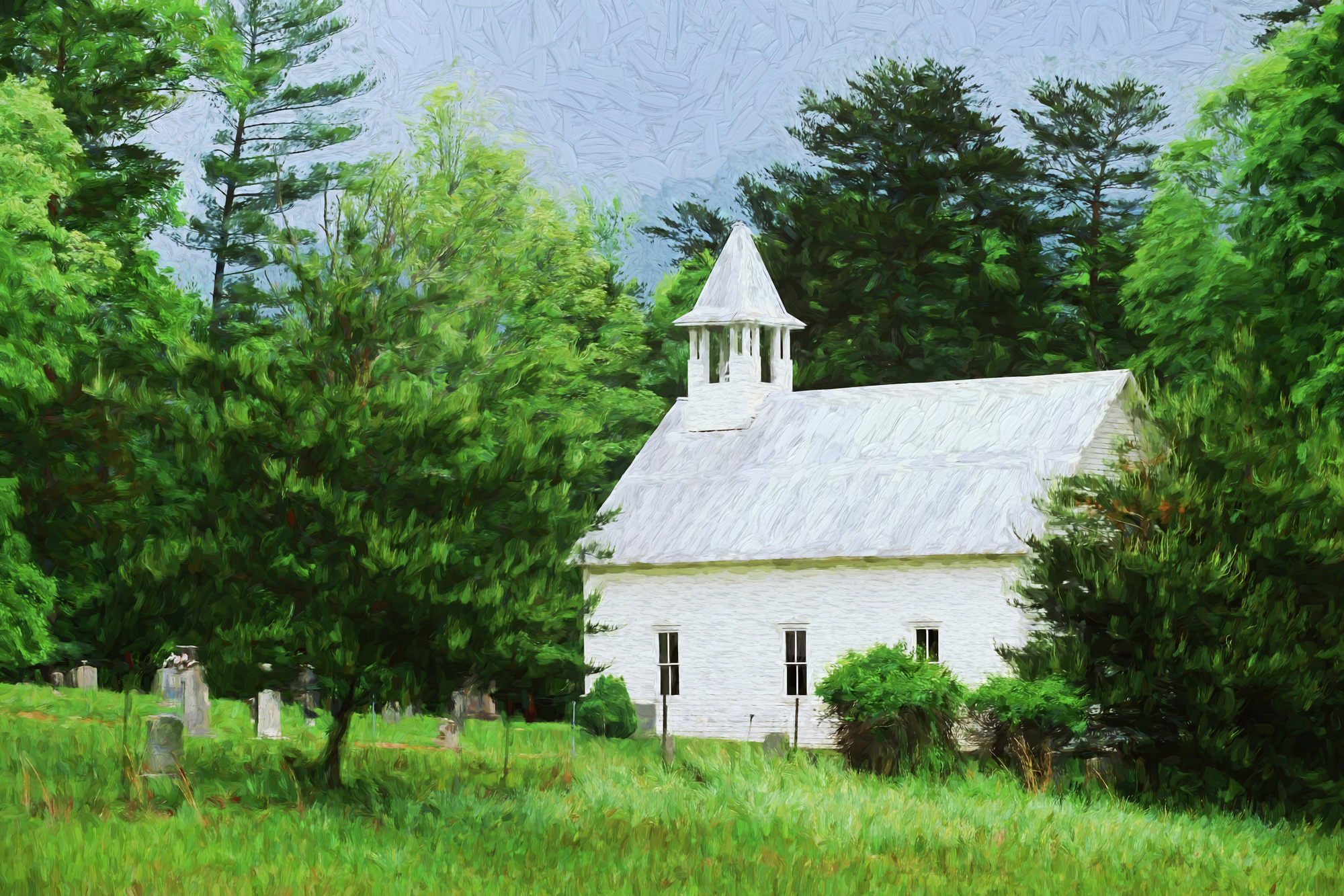 painted photograph of Cades Cove church isolated in Smoky Mountains
