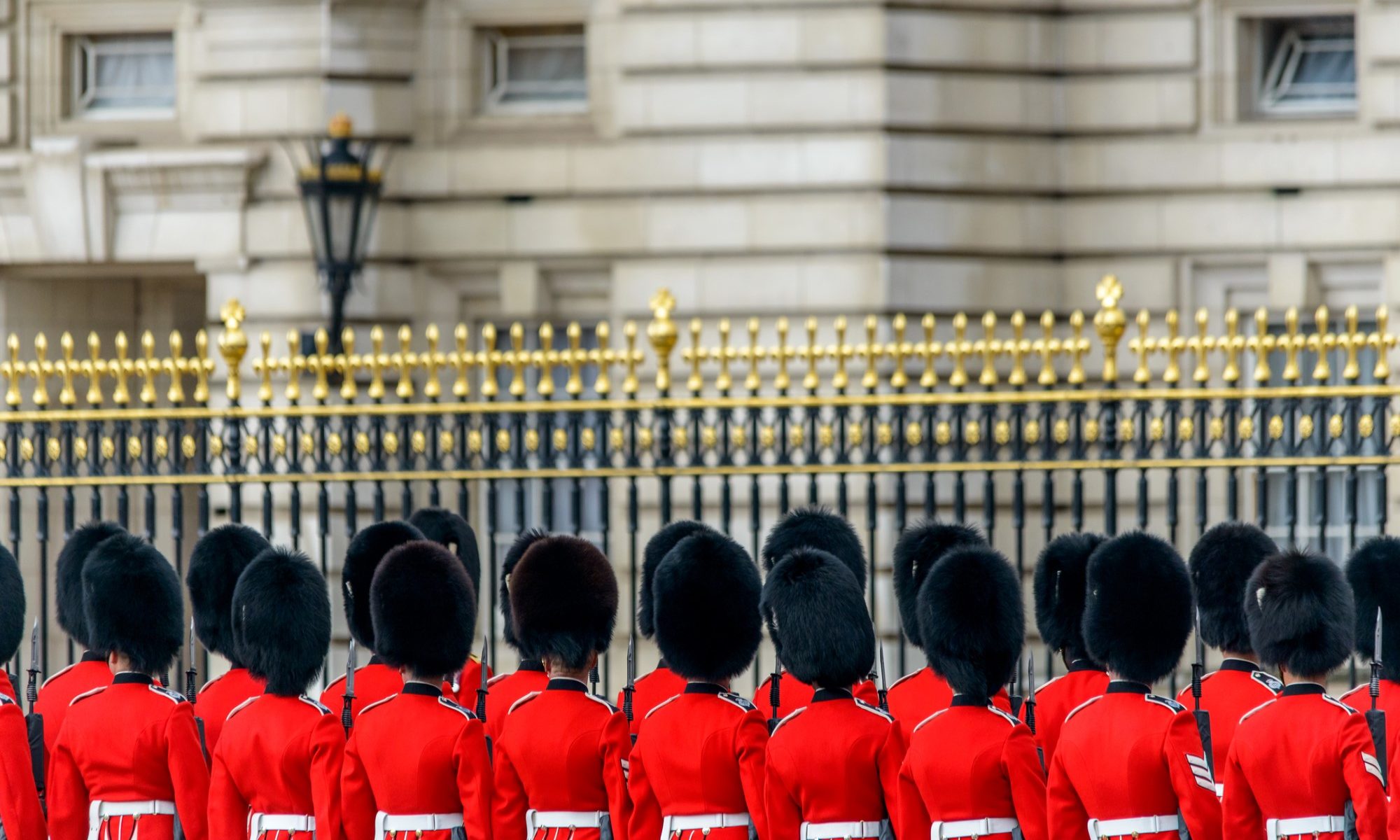 photograph of Queen's Guard in formation at Buckingham Palace