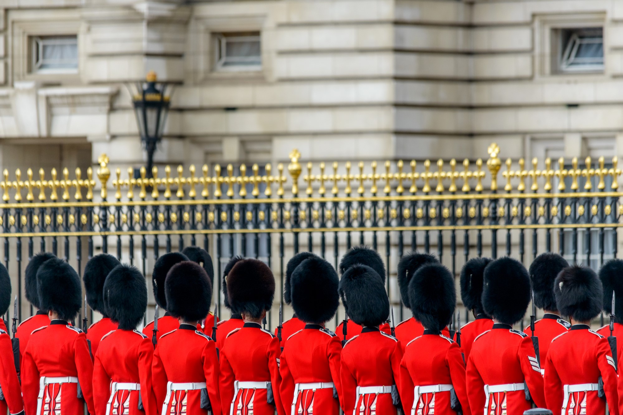 photograph of Queen's Guard in formation at Buckingham Palace