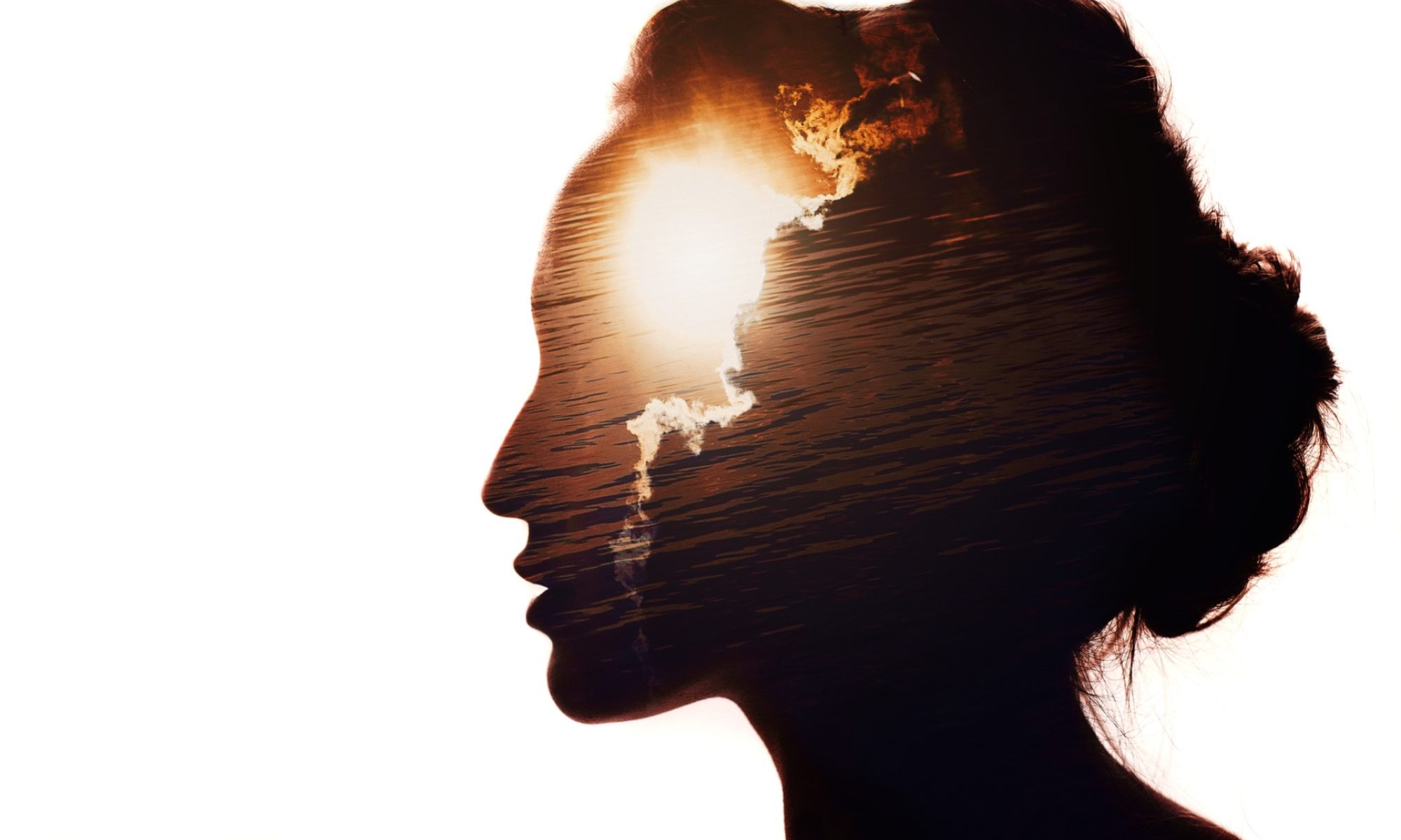 image of woman's profile in silhouette with sun behind clouds superimposed on her mind