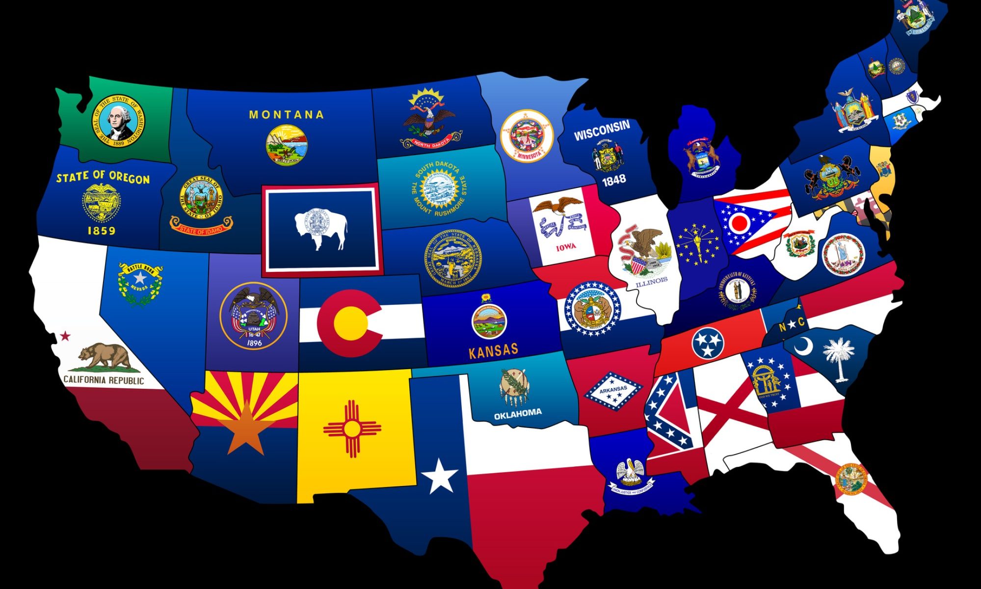 image of US map with state flags identifying borders